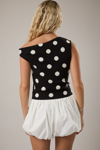 Le Lis Knit Polka Dot Sweater with Asymmetrical Neckline in Black-White Dot