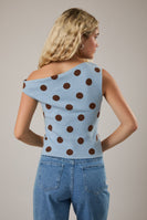 Le Lis Knit Polka Dot Sweater with Asymmetrical Neckline in Light Blue-Brown Dot