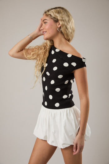 Le Lis Knit Polka Dot Sweater with Asymmetrical Neckline in Black-White Dot