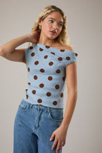 Load image into Gallery viewer, Le Lis Knit Polka Dot Sweater with Asymmetrical Neckline in Light Blue-Brown Dot
