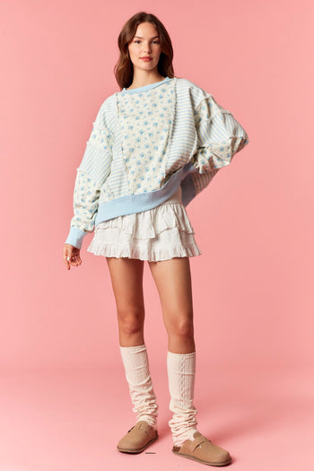 Peach Love Ditsy Flower Stripe Cut Block Batwing Sweatshirt in Light Blue