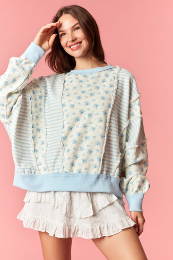 Peach Love Ditsy Flower Stripe Cut Block Batwing Sweatshirt in Light Blue