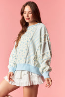 Peach Love Ditsy Flower Stripe Cut Block Batwing Sweatshirt in Light Blue