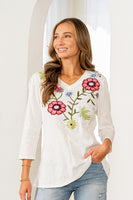 Sew in Love Slub Knit Top with Floral Embroidery in Off White