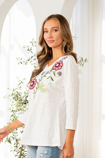 Sew in Love Slub Knit Top with Floral Embroidery in Off White