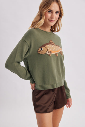 Wishlist Knit FISH Sweater in Olive