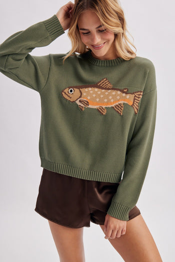 Wishlist Knit FISH Sweater in Olive