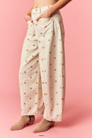 Peach Love Polka Dot Twill Denim Barrel Pants With Pockets in Cream/Tan