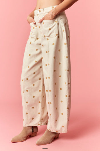 Peach Love Polka Dot Twill Denim Barrel Pants With Pockets in Cream/Tan