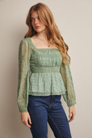 Forte Lace Peplum Long Sleeve Blouse in Seafoam