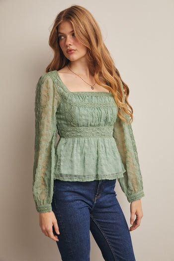 Forte Lace Peplum Long Sleeve Blouse in Seafoam