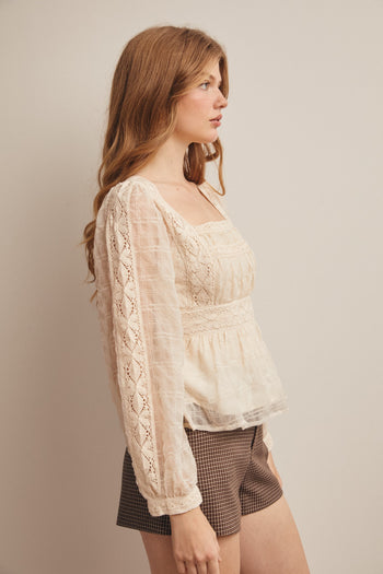Forte Lace Peplum Long Sleeve Blouse in Ecru