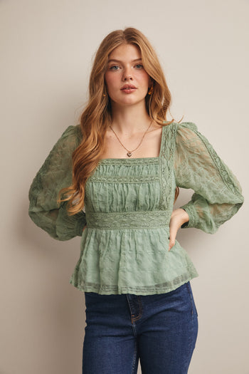 Forte Lace Peplum Long Sleeve Blouse in Seafoam