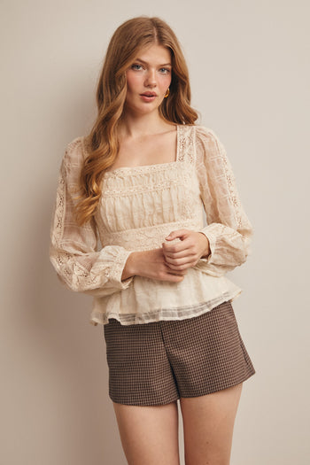 Forte Lace Peplum Long Sleeve Blouse in Ecru