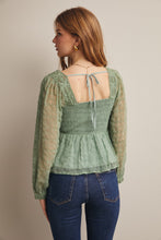 Load image into Gallery viewer, Forte Lace Peplum Long Sleeve Blouse in Seafoam
