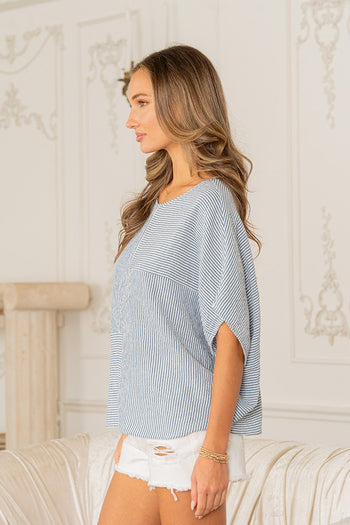 Sew in Love Patchwork Striped Dolman Sleeve Top in Denim
