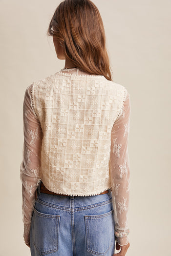 Lisitcle Embroidered Lace Tie Front Vest in Ecru