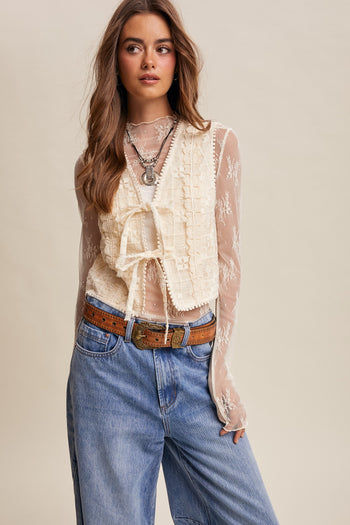 Lisitcle Embroidered Lace Tie Front Vest in Ecru