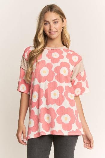 Heimish Urban Floral Ribbed Knit Top in Ivory/Coral