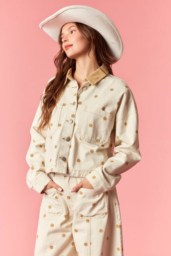 Peach Love Polka Dot Utility Jacket With Contrast Collar in Cream Tan