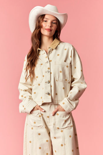 Peach Love Polka Dot Utility Jacket With Contrast Collar in Cream Tan
