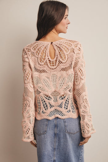 Forte Crochet Floral Pattern Sweater in Blush