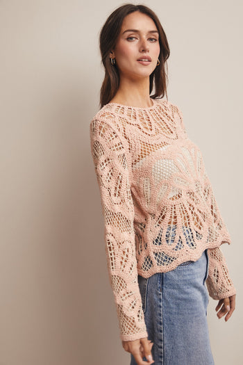 Forte Crochet Floral Pattern Sweater in Blush