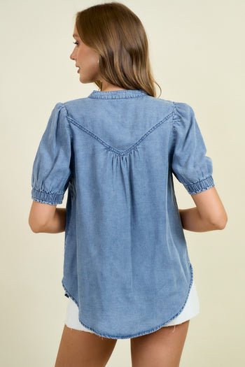 Doe & Rae Button Down Chambray Top in Denim