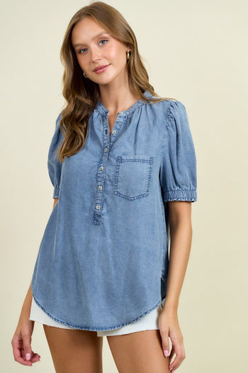 Doe & Rae Button Down Chambray Top in Denim
