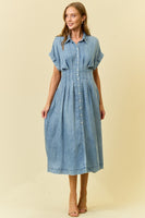 Doe & Rae Waist-Defining Pleated Midi Dress in Denim