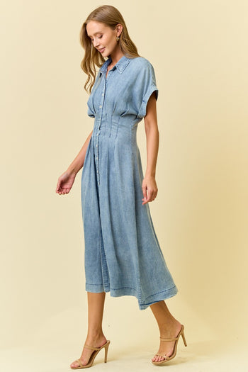 Doe & Rae Waist-Defining Pleated Midi Dress in Denim