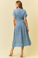 Doe & Rae Waist-Defining Pleated Midi Dress in Denim
