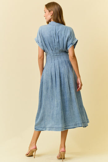 Doe & Rae Waist-Defining Pleated Midi Dress in Denim