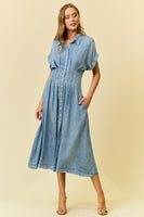 Doe & Rae Waist-Defining Pleated Midi Dress in Denim
