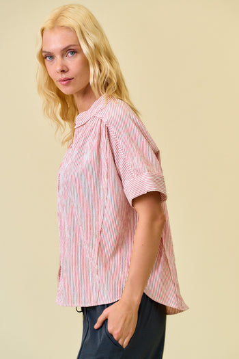 Doe & Rae Stripe Button Down Shirring & Raw Detail Flowy Top in Red Stripe