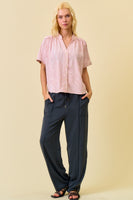 Doe & Rae Stripe Button Down Shirring & Raw Detail Flowy Top in Red Stripe