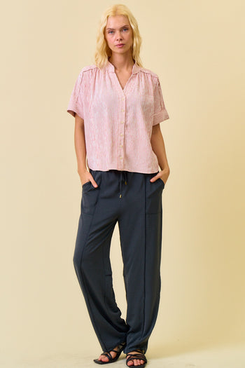 Doe & Rae Stripe Button Down Shirring & Raw Detail Flowy Top in Red Stripe