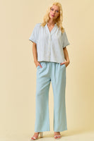 Doe & Rae Stripe Button Down Shirring & Raw Detail Flowy Top in Gray Blue Stripe