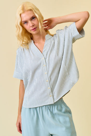 Doe & Rae Stripe Button Down Shirring & Raw Detail Flowy Top in Gray Blue Stripe