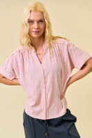 Doe & Rae Stripe Button Down Shirring & Raw Detail Flowy Top in Red Stripe