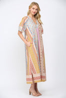 FATE Mixed Patchwork Print Kaftan Style Dress in Beige Multi