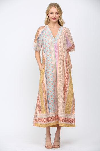 FATE Mixed Patchwork Print Kaftan Style Dress in Beige Multi