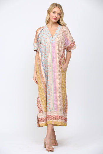 FATE Mixed Patchwork Print Kaftan Style Dress in Beige Multi