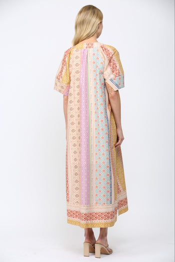 FATE Mixed Patchwork Print Kaftan Style Dress in Beige Multi
