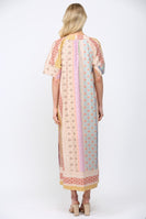 FATE Mixed Patchwork Print Kaftan Style Dress in Beige Multi