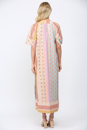 FATE Mixed Patchwork Print Kaftan Style Dress in Beige Multi