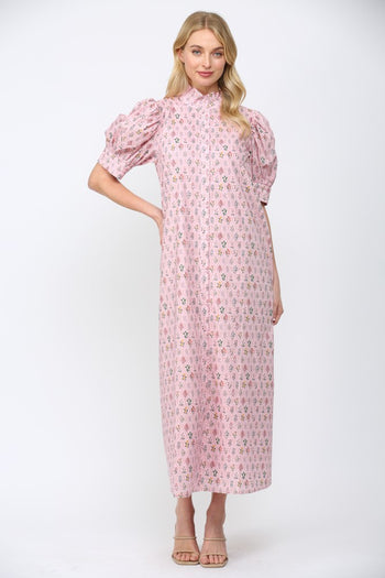 FATE Floral Print Front Button Down Maxi Dress in Pink Multi
