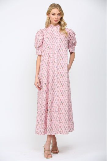 FATE Floral Print Front Button Down Maxi Dress in Pink Multi