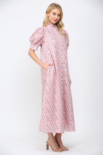 FATE Floral Print Front Button Down Maxi Dress in Pink Multi