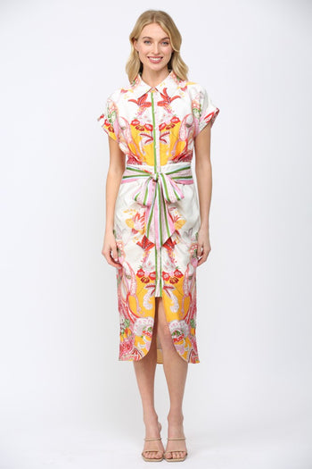 FATE Botanical Scarf Print Midi Dress in Cream Multi